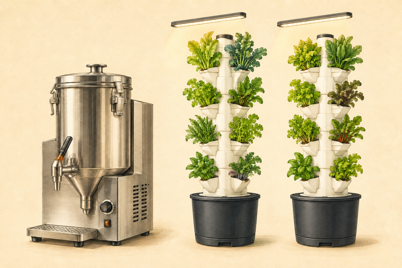 Illustration of one commercial plant-milk maker, two vertical hydroponic towers, and two LED grow lights