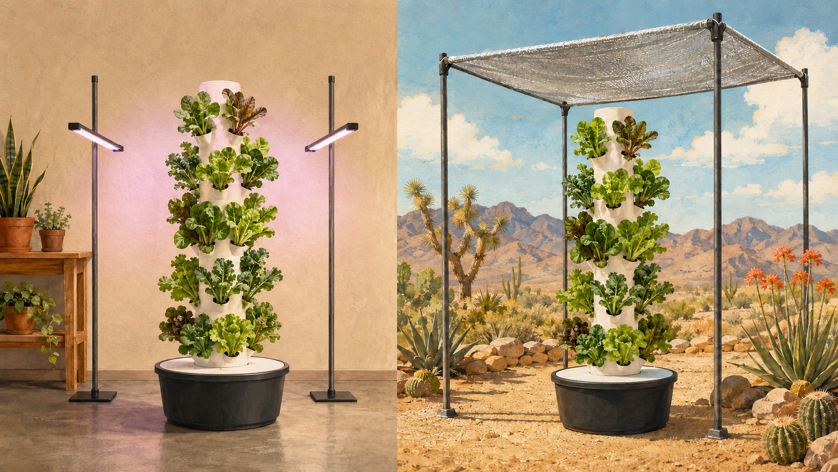 Split illustration of a vertical tower with exactly two indoor LED grow lights and a second tower beneath outdoor reflective shade cloth